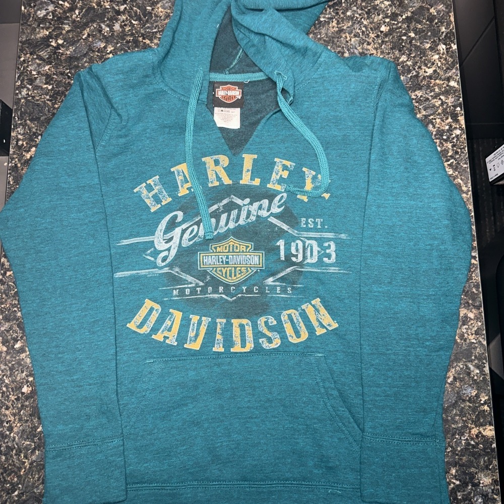 Women's Harley Davidson Hoodie Sweatshirt Blue/Aqua Sz Small Black Bear EUC!